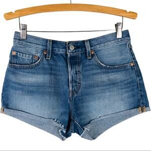 Levi’s blue 501 button fly medium wash cuffed raw hem denim jean shorts 27
